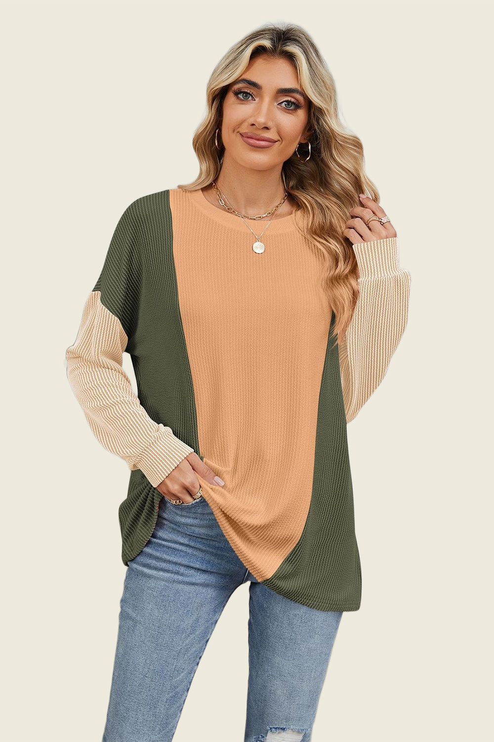 Double Take Texture Contrast Round Neck Long Sleeve T-Shirt-TOPS / DRESSES-[Adult]-[Female]-Moss-S-2022 Online Blue Zone Planet