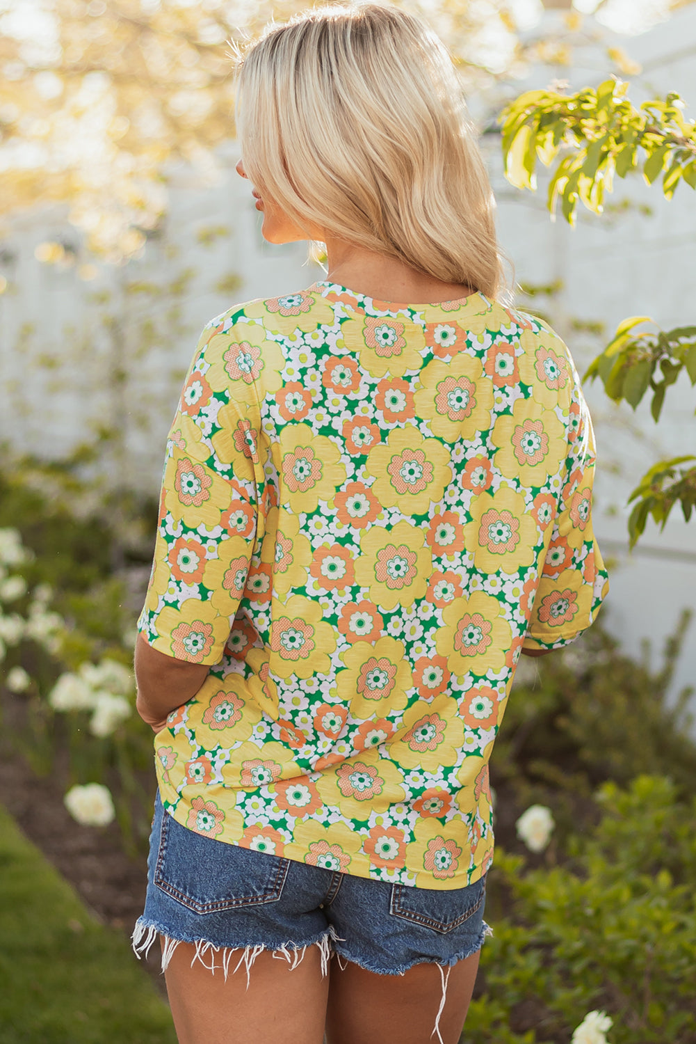 Yellow Summer Flower Printed Drop Shoulder Loose T Shirt-Tops/Tops & Tees-[Adult]-[Female]-2022 Online Blue Zone Planet