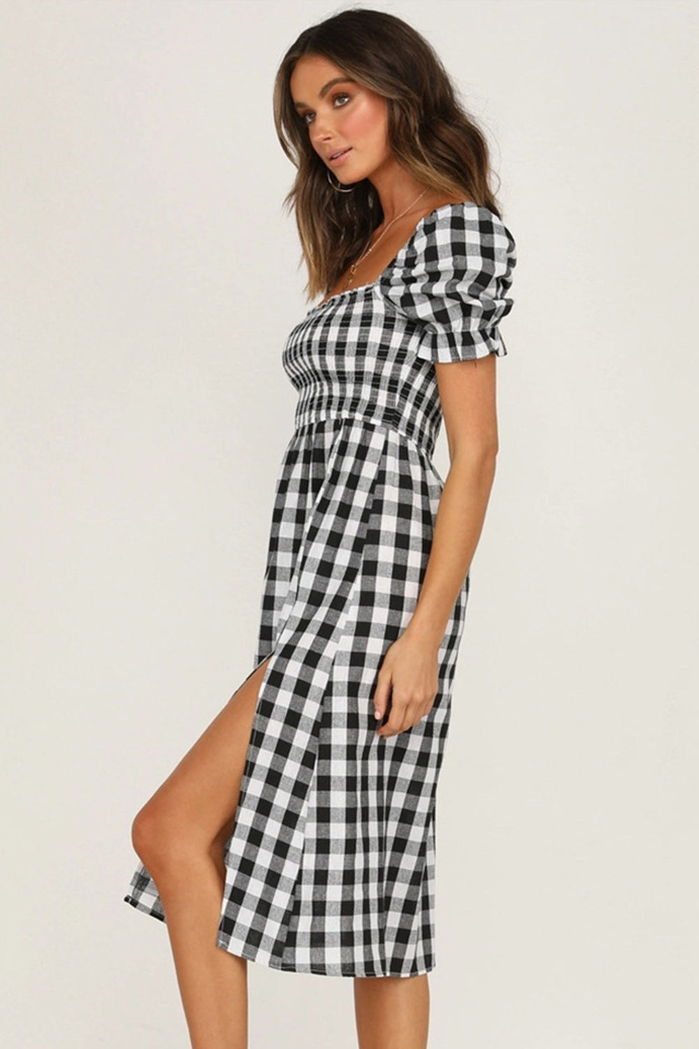 Full Size Slit Plaid Short Sleeve Midi Dress-TOPS / DRESSES-[Adult]-[Female]-2022 Online Blue Zone Planet