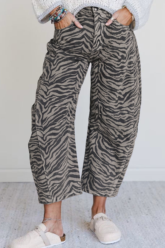 Gray Zebra Stripe Printed Wide Leg Jeans-Bottoms/Jeans-[Adult]-[Female]-Gray-4-2022 Online Blue Zone Planet