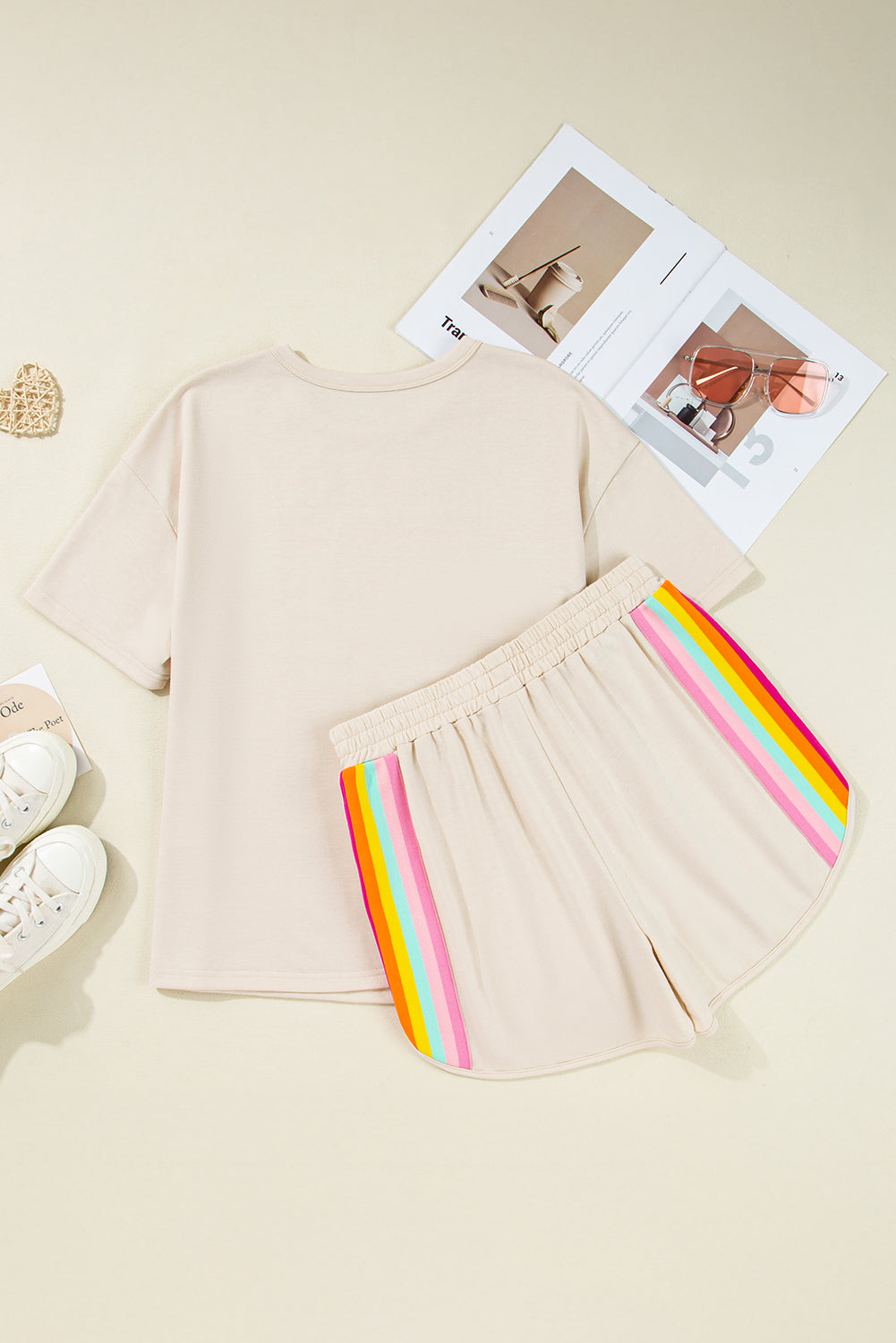 Beige Vibrant Striped Detail Athleisure 2pcs Short Set-Two Piece Sets/Short Sets-[Adult]-[Female]-2022 Online Blue Zone Planet