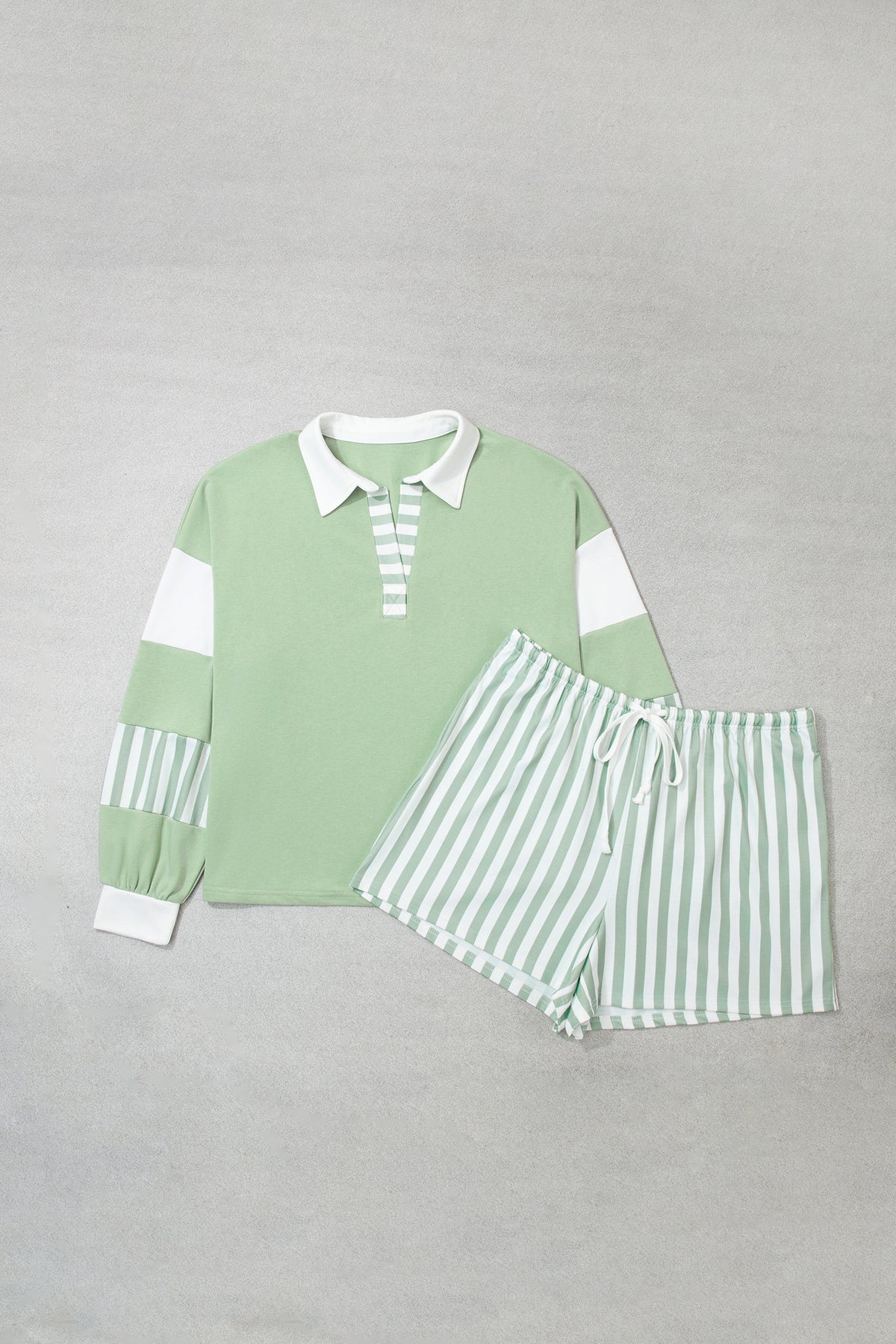 Smoke Green Striped Patchwork V Neck Two Piece Shorts Plus Size Set-Plus Size/Plus Size Loungewear-[Adult]-[Female]-2022 Online Blue Zone Planet