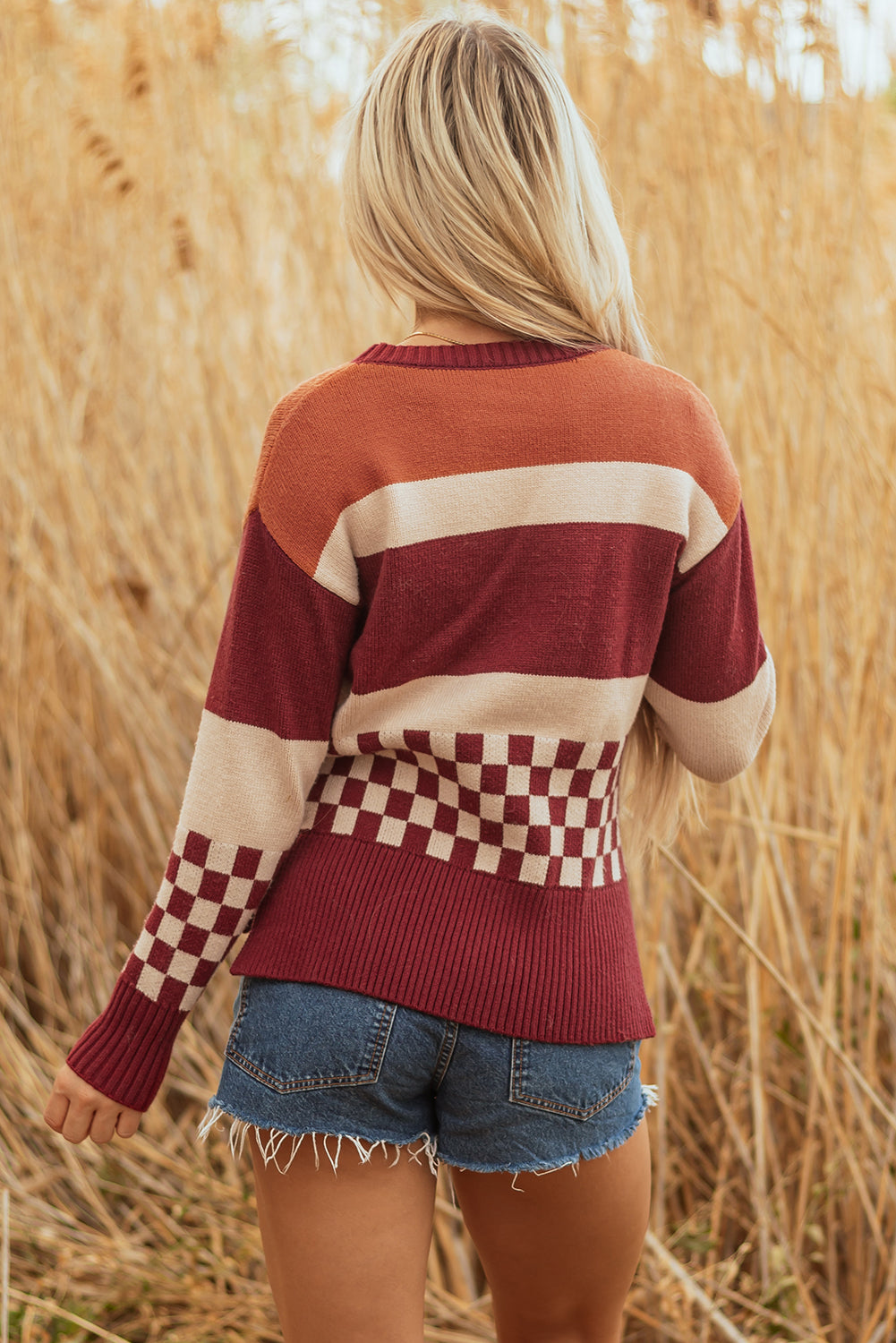 Brown Checkered Color Block Knitted Drop Shoulder Sweater-TOPS / DRESSES-[Adult]-[Female]-2022 Online Blue Zone Planet