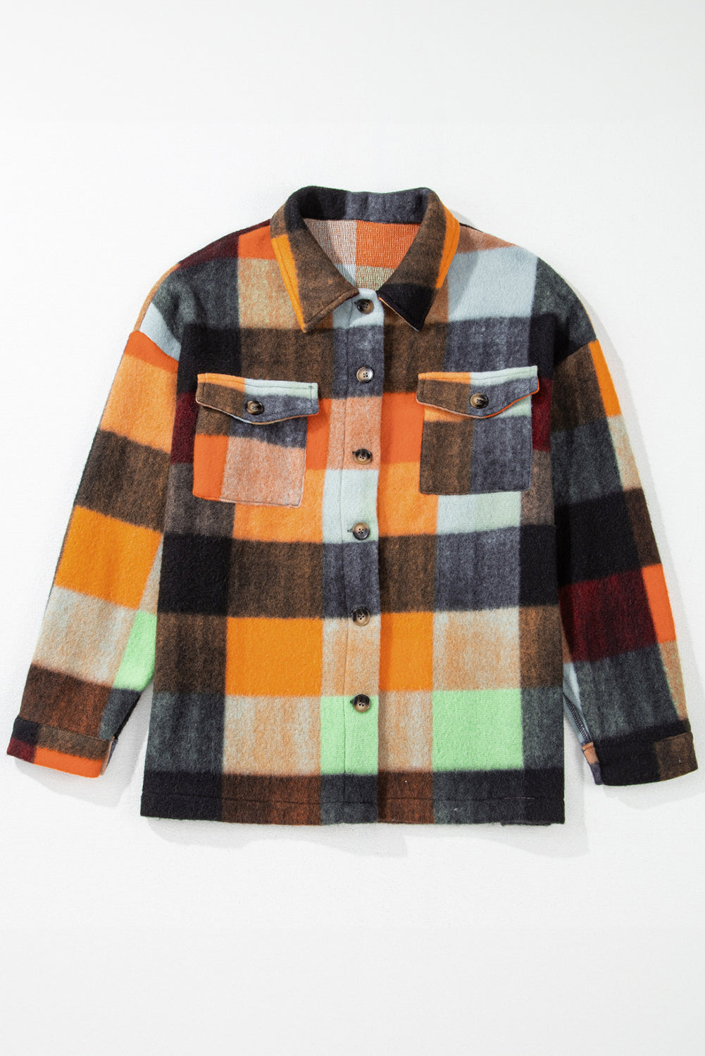 Orange Plaid Print Flap Pocket Long Jacket-Outerwear/Jackets-[Adult]-[Female]-2022 Online Blue Zone Planet