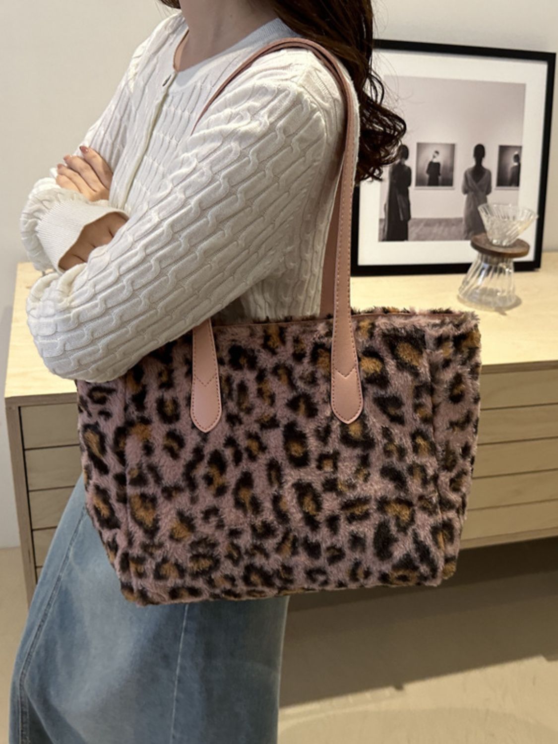 Blue Zone Planet | Leopard Fluff Tote Bag-Handbags-[Adult]-[Female]-2022 Online Blue Zone Planet