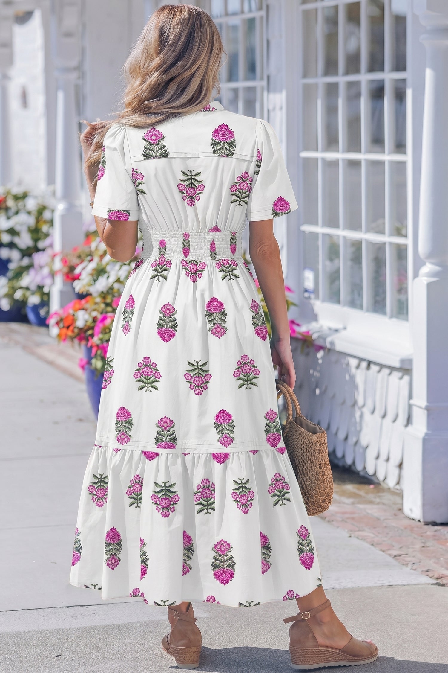 White Floral Print Split Neck Shirred High Waist Ruffle Hem Maxi Dress-TOPS / DRESSES-[Adult]-[Female]-2022 Online Blue Zone Planet