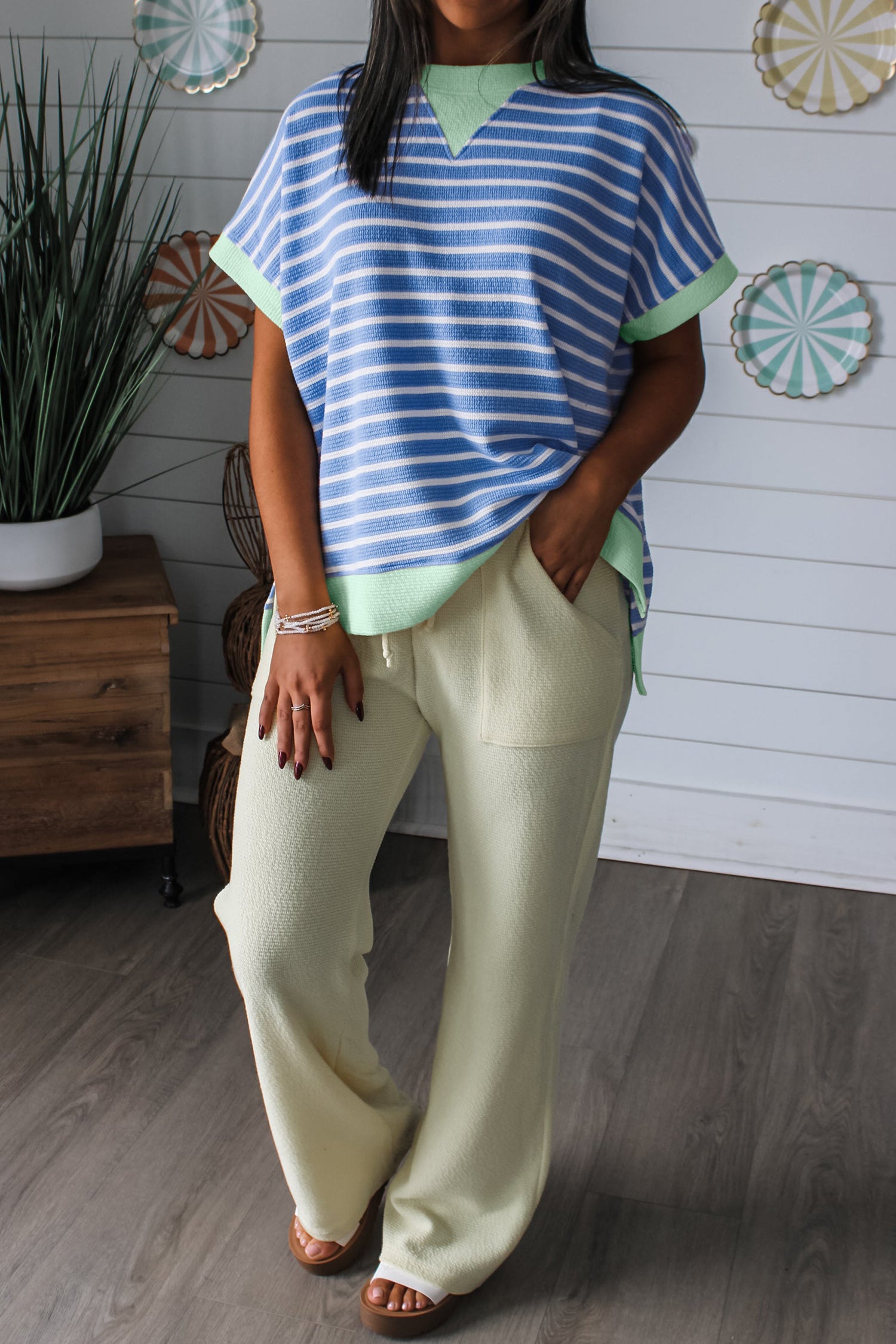 Pink Stripe Contrast Trim Loose Short Sleeve Top-Tops/Tops & Tees-[Adult]-[Female]-2022 Online Blue Zone Planet