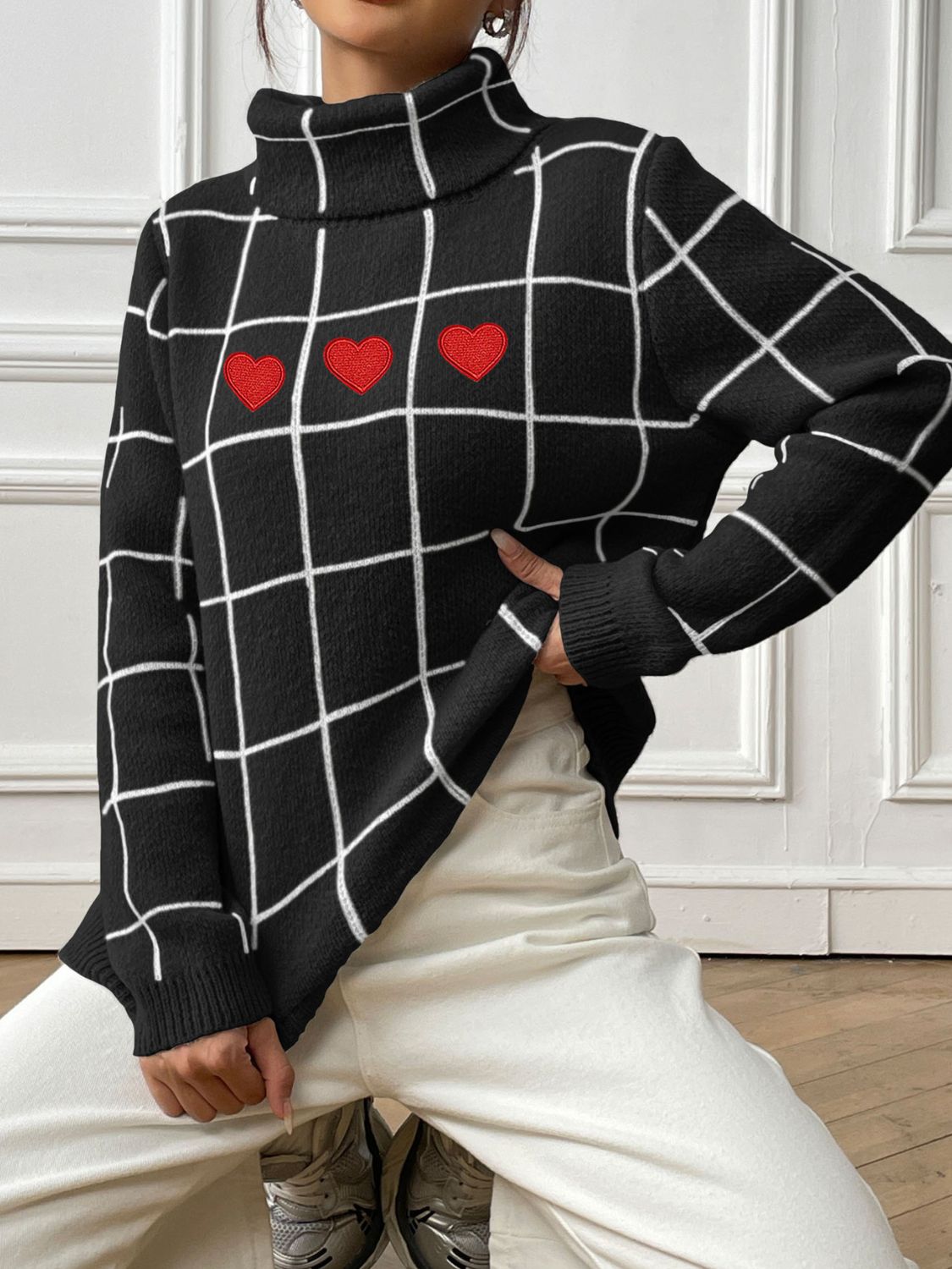 Heart Plaid Turtleneck Long Sleeve Sweater-TOPS / DRESSES-[Adult]-[Female]-2022 Online Blue Zone Planet