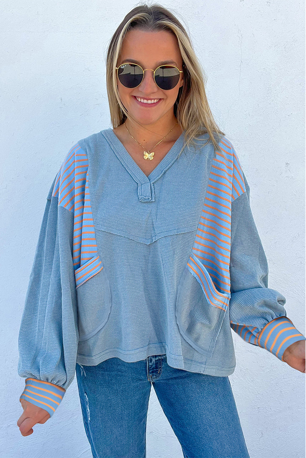 Dusk Blue Exposed Seam Waffle Striped Patchwork Baggy Pullover-Tops/Long Sleeve Tops-[Adult]-[Female]-2022 Online Blue Zone Planet