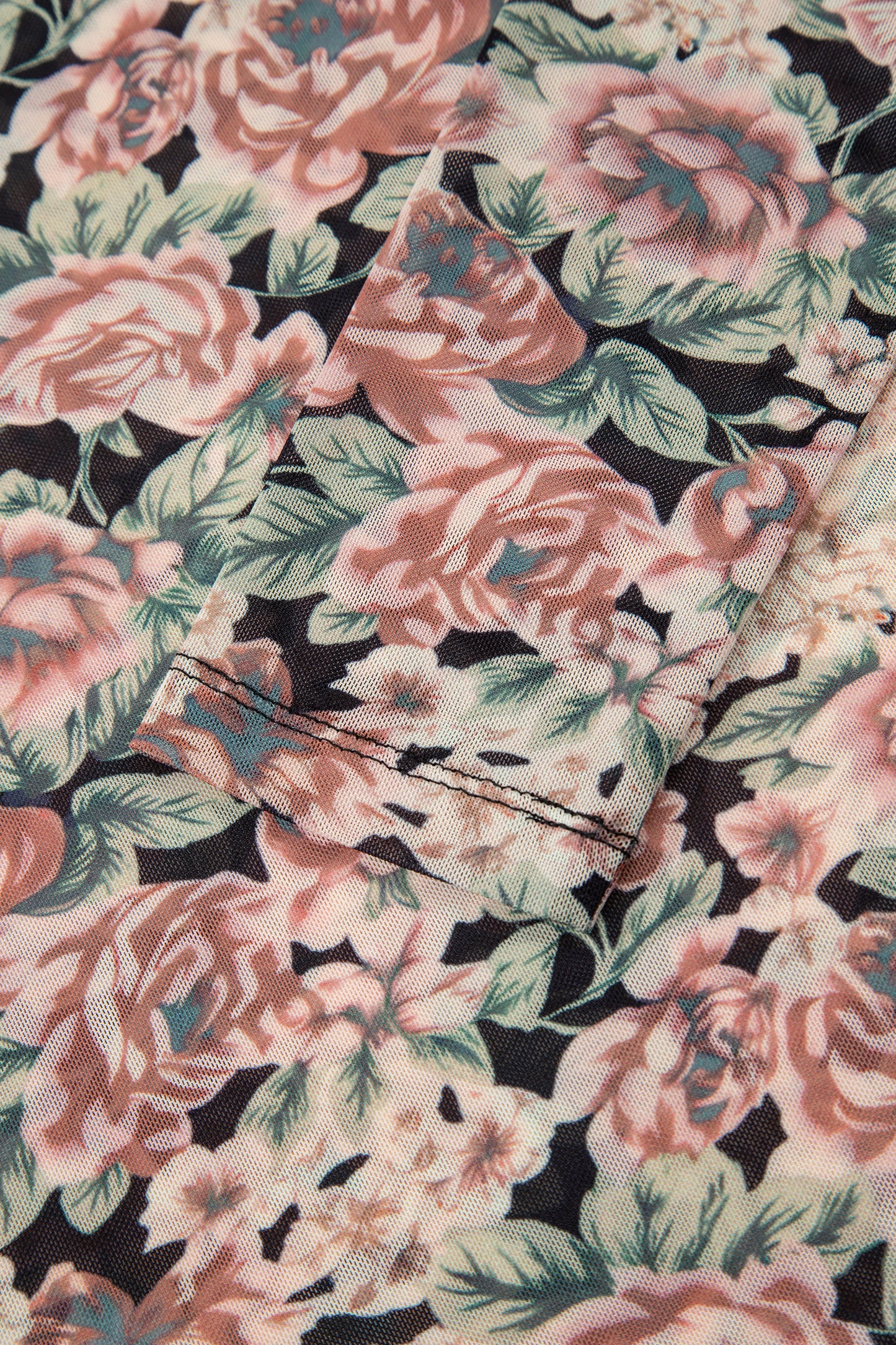 Black Floral Print Mesh Long Sleeve Foldover Off Shoulder Top-Tops/Long Sleeve Tops-[Adult]-[Female]-2022 Online Blue Zone Planet