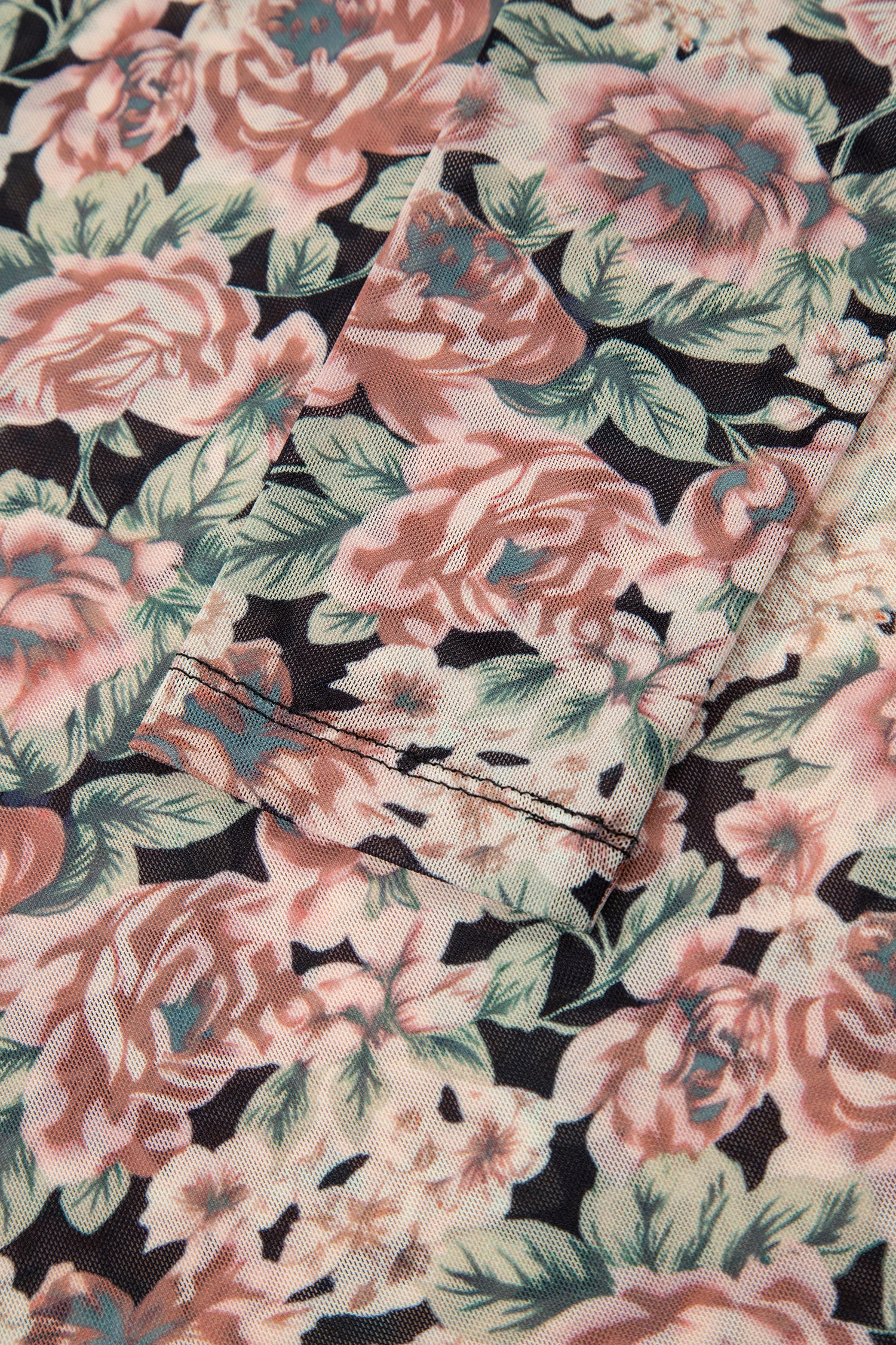 Black Floral Print Mesh Long Sleeve Foldover Off Shoulder Top-Tops/Long Sleeve Tops-[Adult]-[Female]-2022 Online Blue Zone Planet