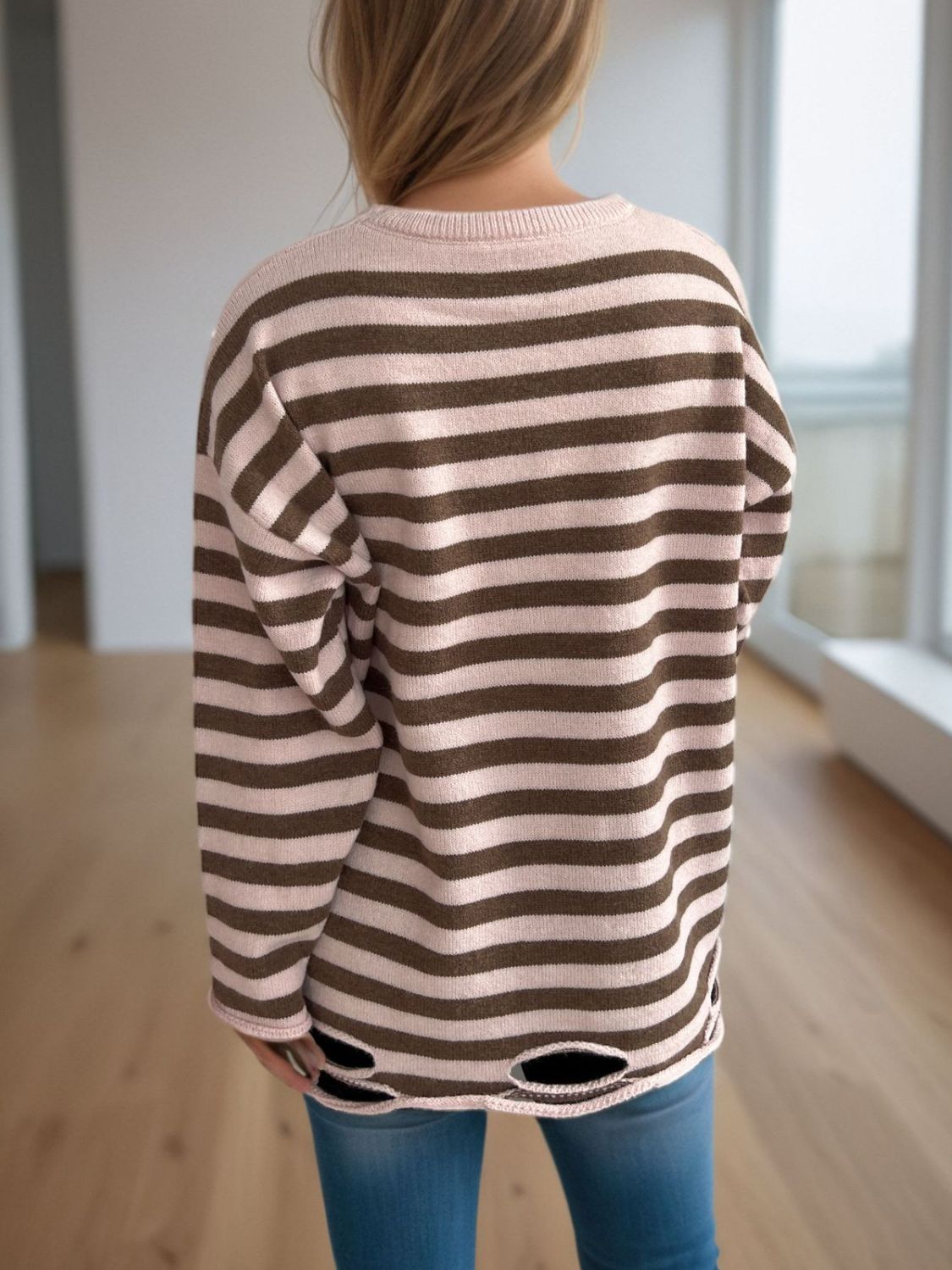 Distressed Striped Round Neck Long Sleeve Sweater