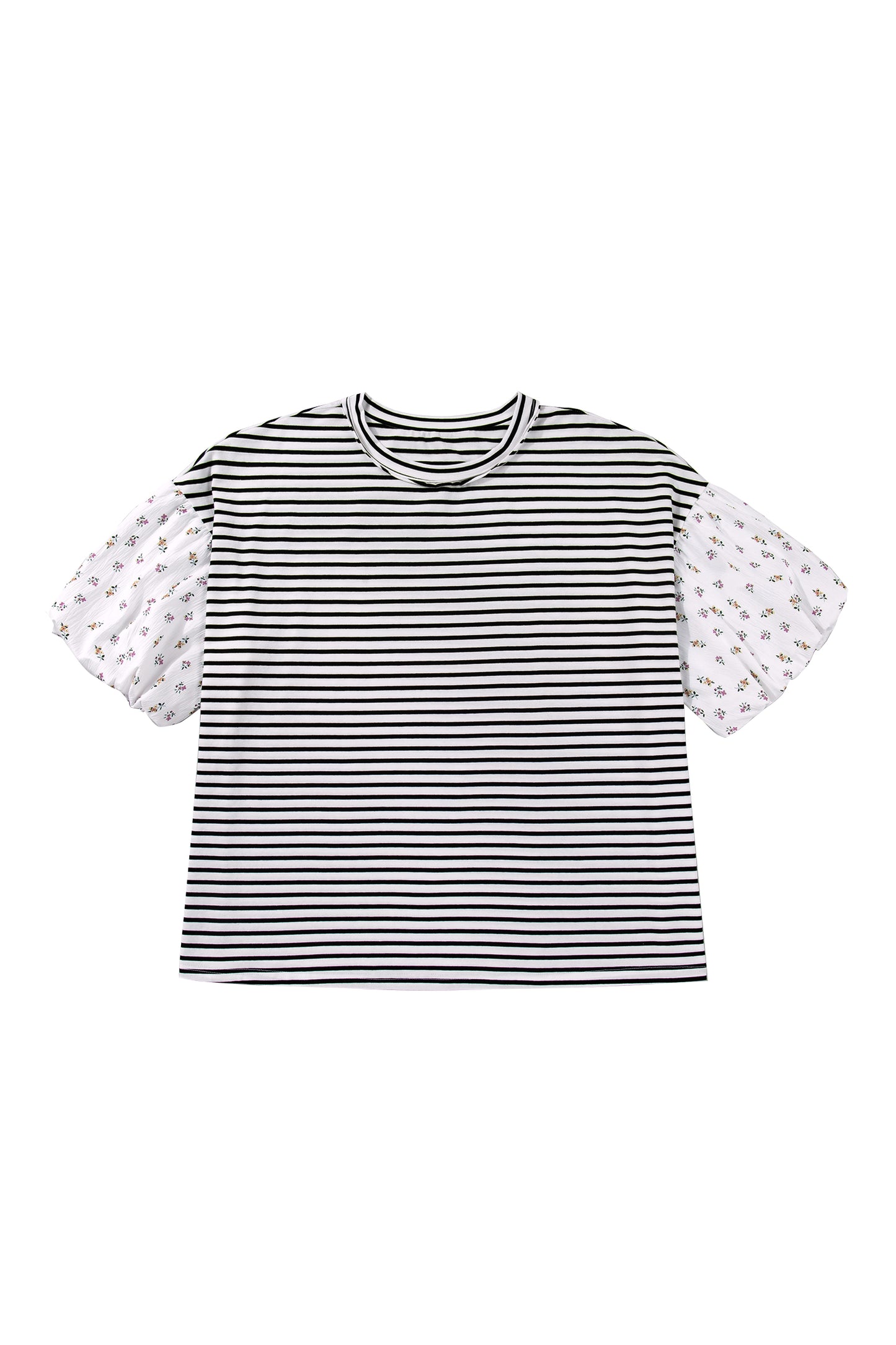Black Stripe Plus Size Striped Short Sleeve Top With Floral Puff Sleeves-Plus Size/Plus Size Tops/Plus Size Blouses & Shirts-[Adult]-[Female]-2022 Online Blue Zone Planet