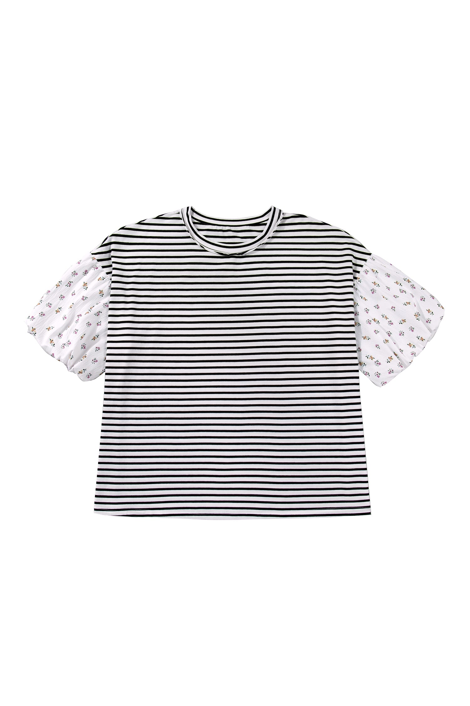 Black Stripe Plus Size Striped Short Sleeve Top With Floral Puff Sleeves-Plus Size/Plus Size Tops/Plus Size Blouses & Shirts-[Adult]-[Female]-2022 Online Blue Zone Planet