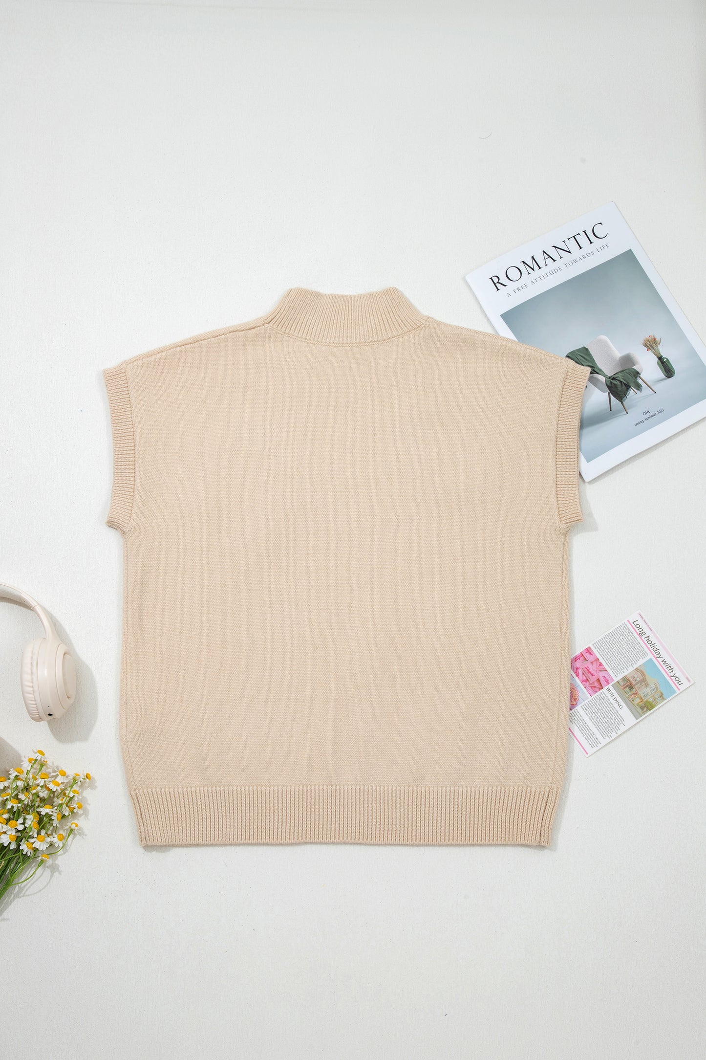 Parchment Corded Horseshoes Ribbed Trim Mock Neck Short Sleeve Sweater-TOPS / DRESSES-[Adult]-[Female]-2022 Online Blue Zone Planet