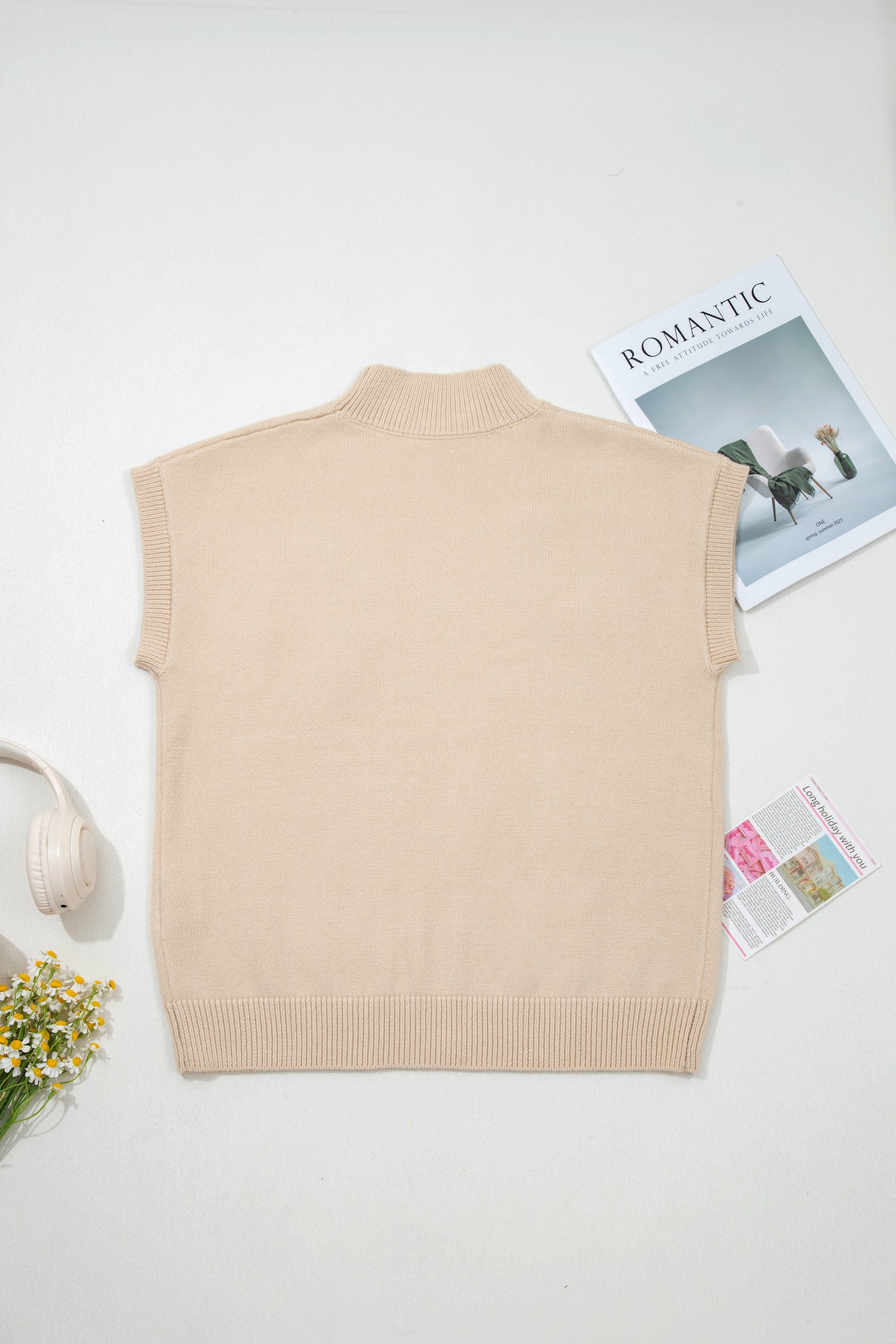 Parchment Corded Horseshoes Ribbed Trim Mock Neck Short Sleeve Sweater-TOPS / DRESSES-[Adult]-[Female]-2022 Online Blue Zone Planet