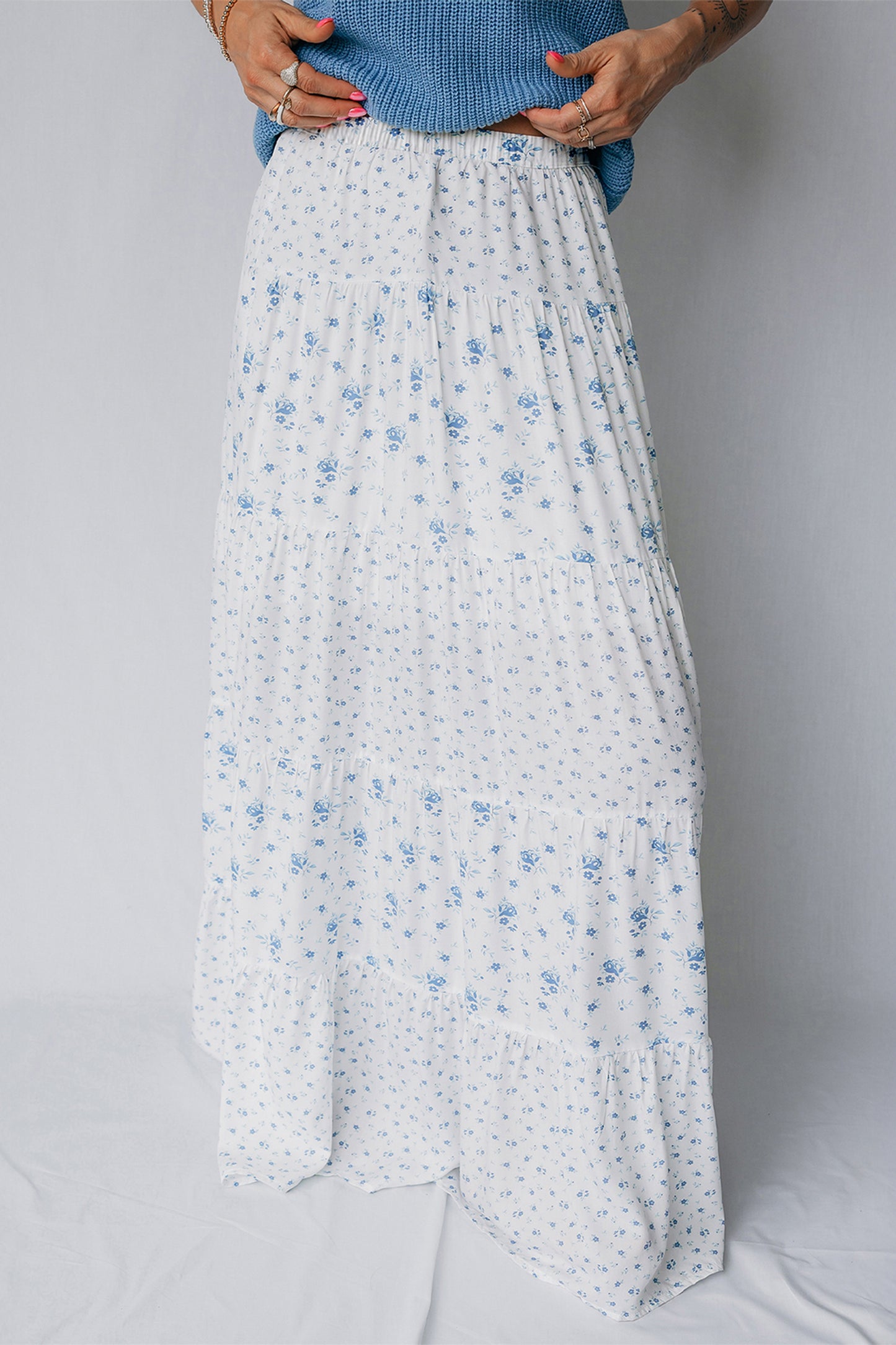 Sky Blue High Waist Tiny Floral Print Boho Maxi Skirt-Bottoms/Skirts & Petticoat-[Adult]-[Female]-2022 Online Blue Zone Planet