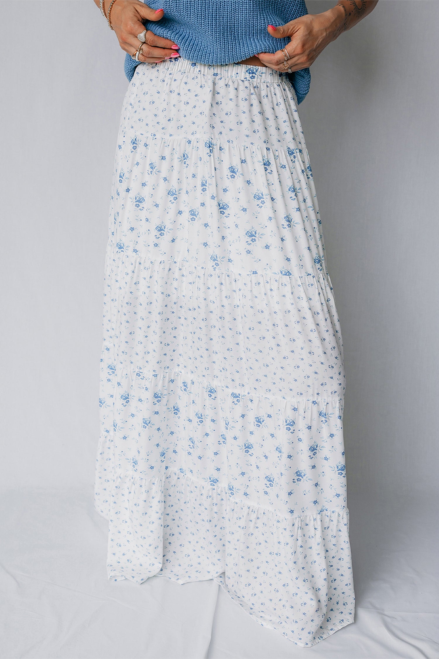 Sky Blue High Waist Tiny Floral Print Boho Maxi Skirt-Bottoms/Skirts & Petticoat-[Adult]-[Female]-2022 Online Blue Zone Planet