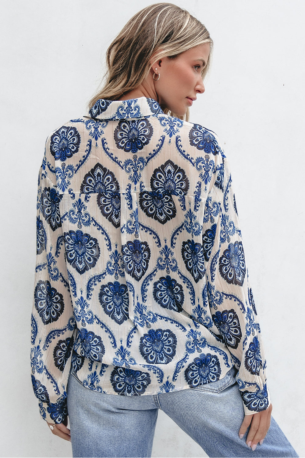 Blue Tribal Pattern Buttoned Front Loose Shirt-Tops/Blouses & Shirts-[Adult]-[Female]-2022 Online Blue Zone Planet