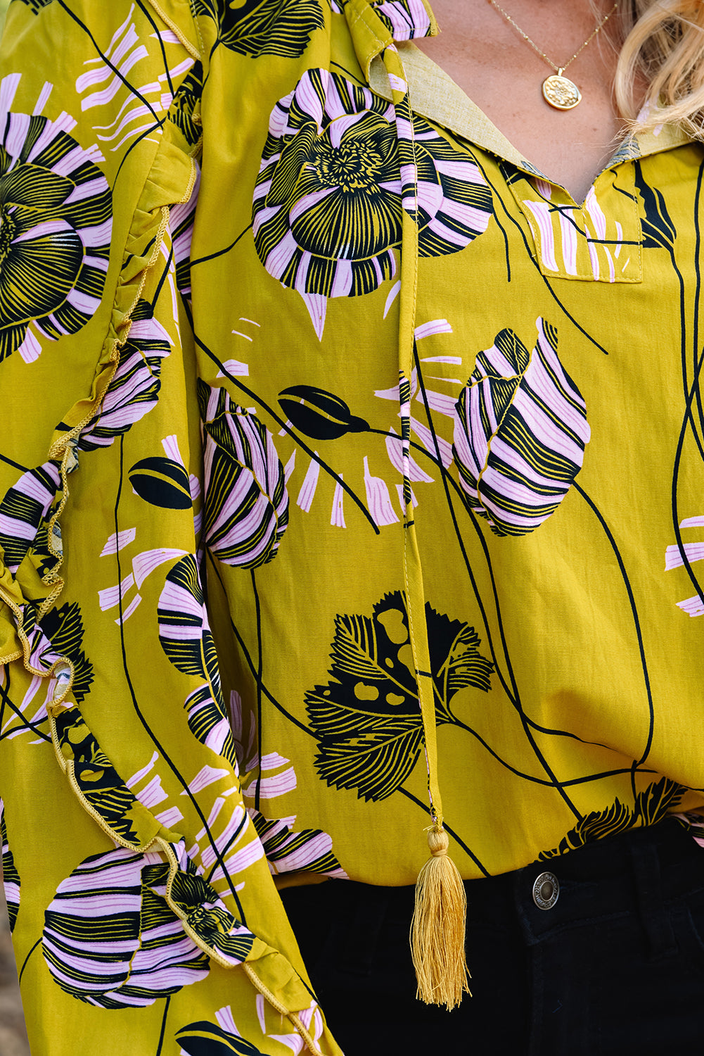 Yellow Vintage Floral V Neck Ruffle Trim Long Sleeve Blouse-Tops/Blouses & Shirts-[Adult]-[Female]-2022 Online Blue Zone Planet