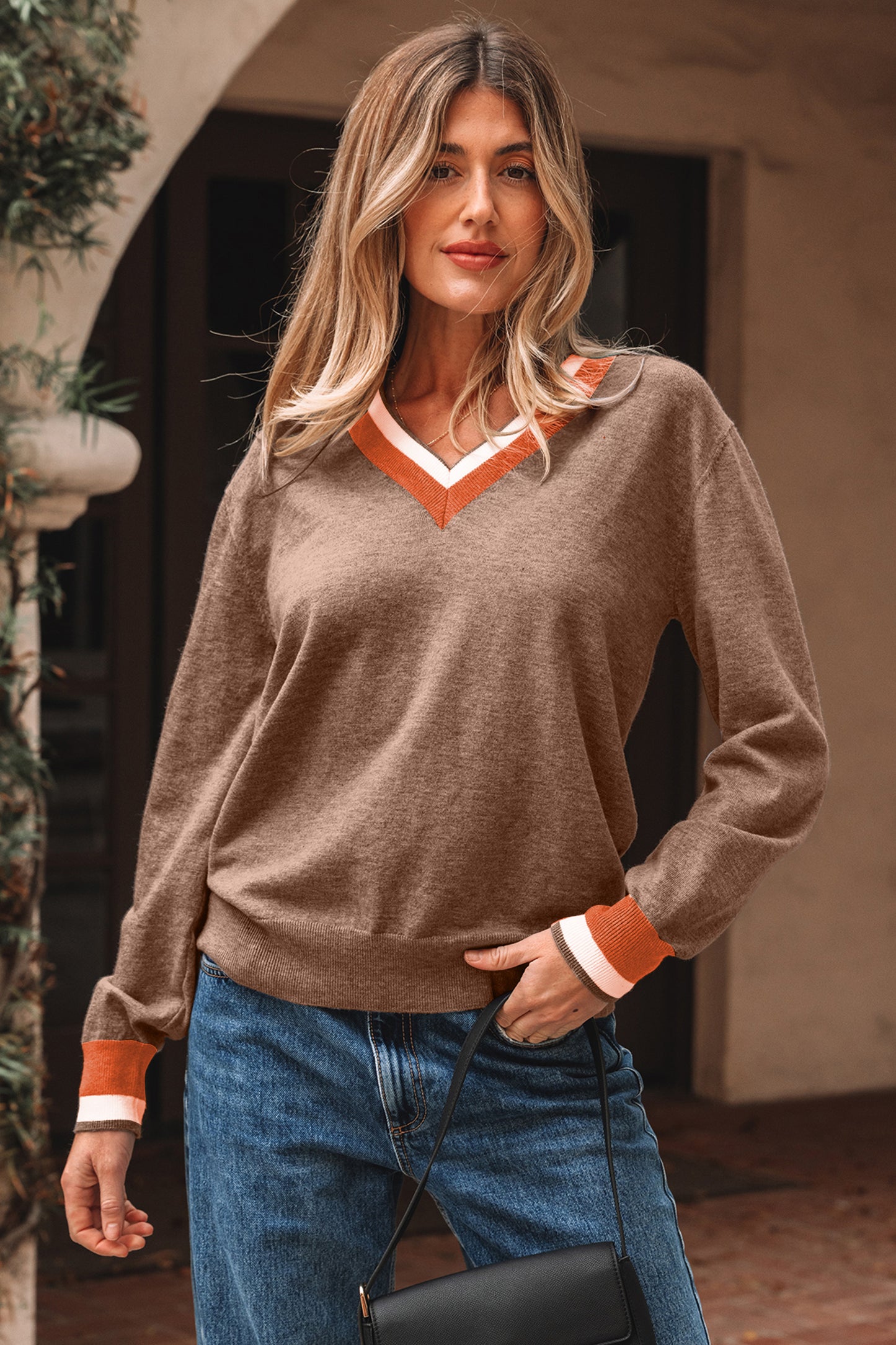 Dark Khaki Contrast Striped Trim V Neck Varsity Sweater-TOPS / DRESSES-[Adult]-[Female]-2022 Online Blue Zone Planet