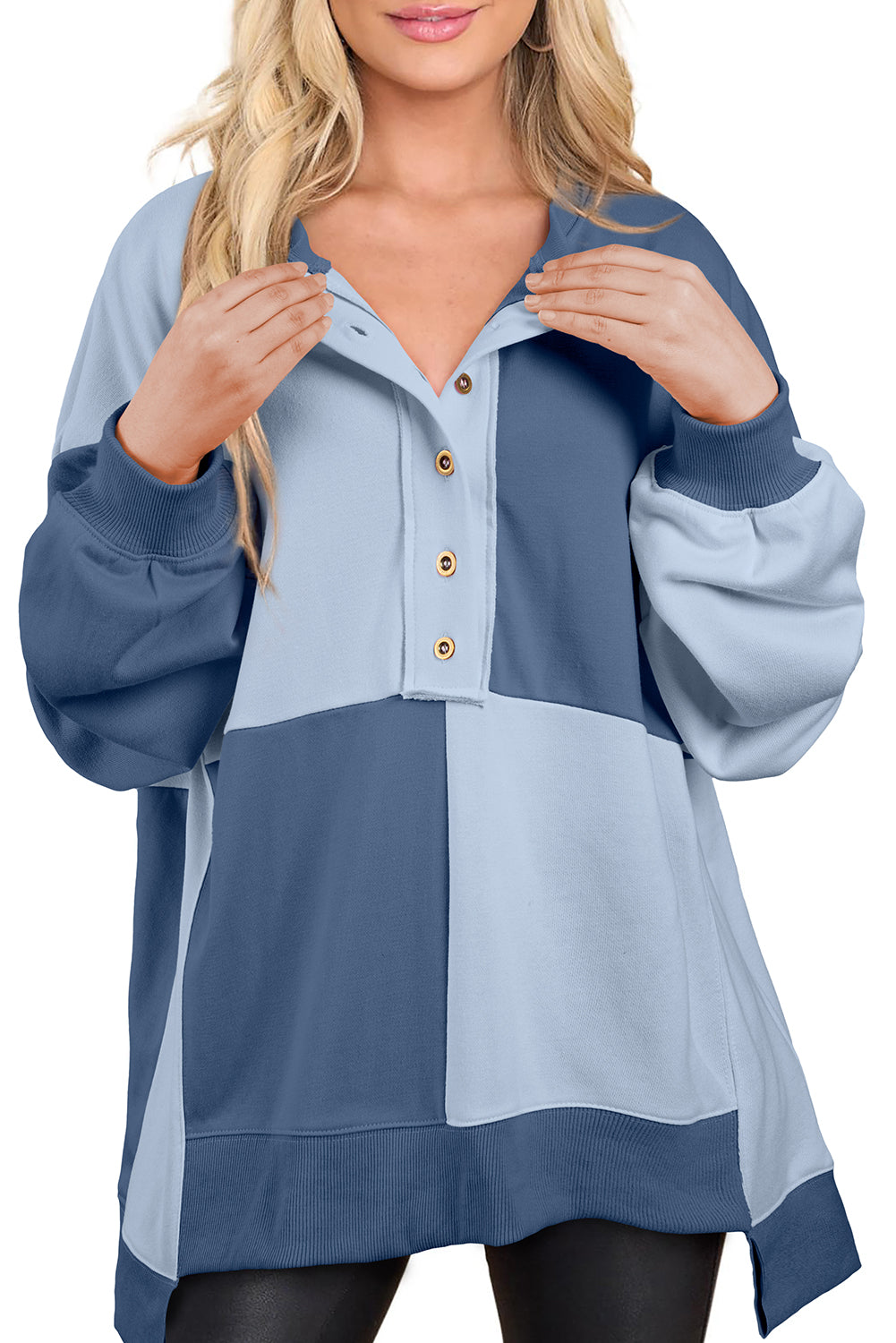 Blue Zone Planet | Contrast Half Button Long Sleeve Sweatshirt-TOPS / DRESSES-[Adult]-[Female]-Peacock Blue-S-2022 Online Blue Zone Planet