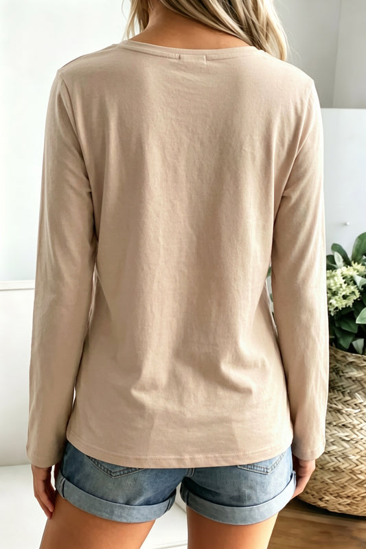 Pale Khaki Patchwork Long Sleeve Shift Top-Tops/Long Sleeve Tops-[Adult]-[Female]-2022 Online Blue Zone Planet