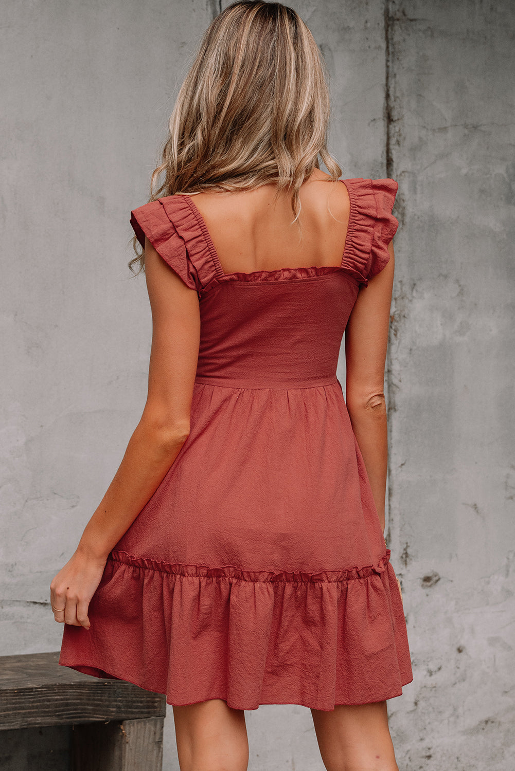 Red Sandalwood Geometric Stitch Shirred Bodice Ruffled Trim Sleeveless Mini Dress-TOPS / DRESSES-[Adult]-[Female]-2022 Online Blue Zone Planet