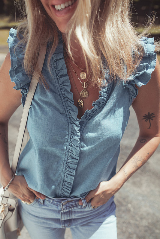 Beau Blue Frilly Ruffle Trim V Neck Chambray Tank Top-Tops/Tank Tops-[Adult]-[Female]-2022 Online Blue Zone Planet