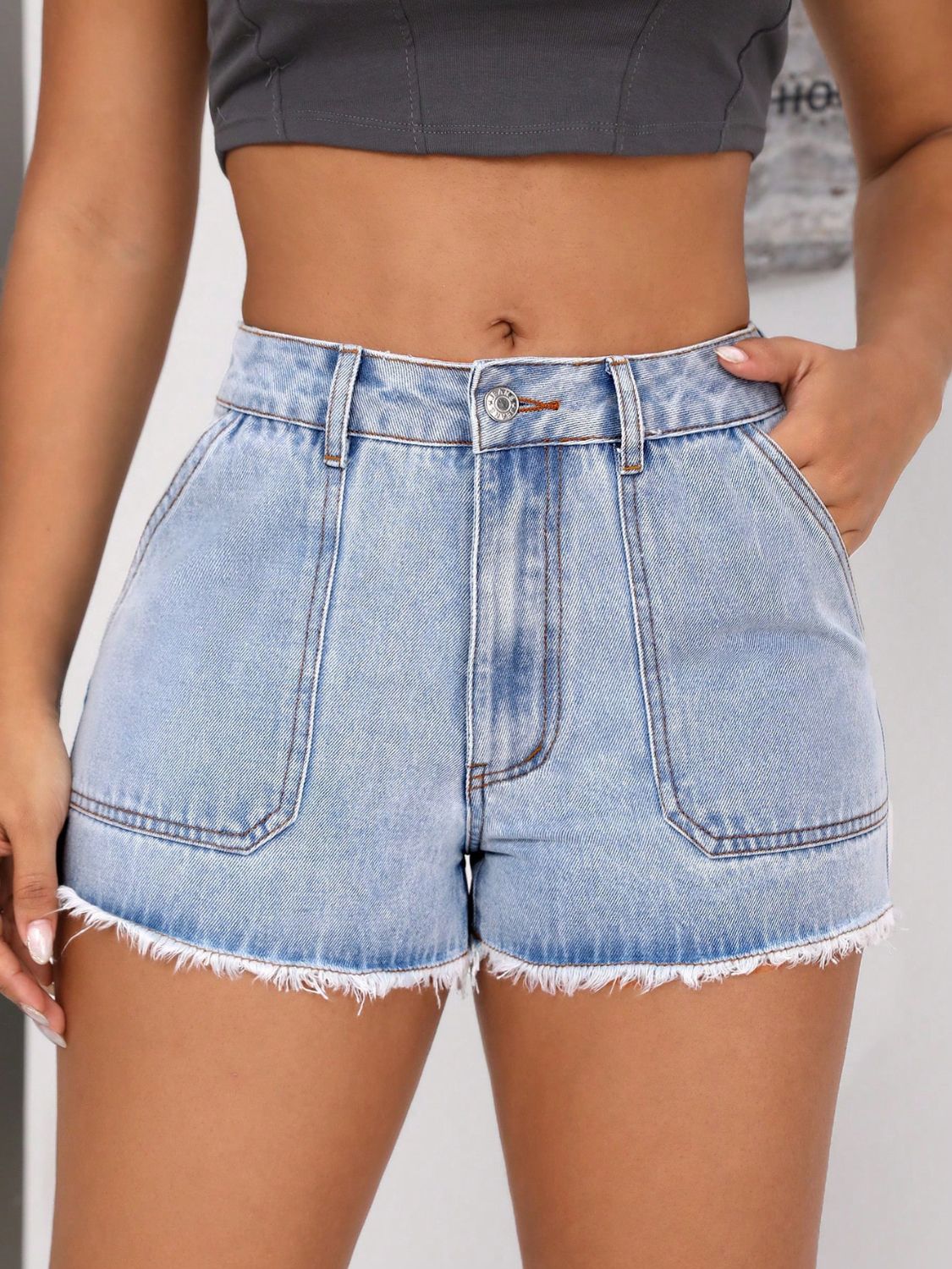 Blue Zone Planet | Raw Hem Pocketed Denim Shorts-TOPS / DRESSES-[Adult]-[Female]-2022 Online Blue Zone Planet