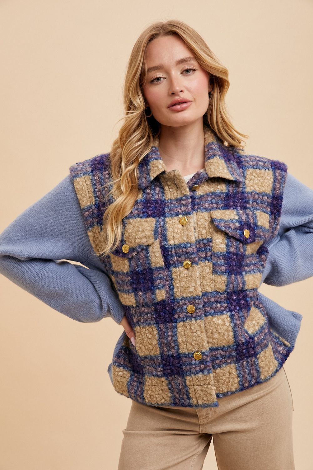 Annie Wear Faux Fur Plaid Button Up Jacket-TOPS / DRESSES-[Adult]-[Female]-Blue-S-2022 Online Blue Zone Planet