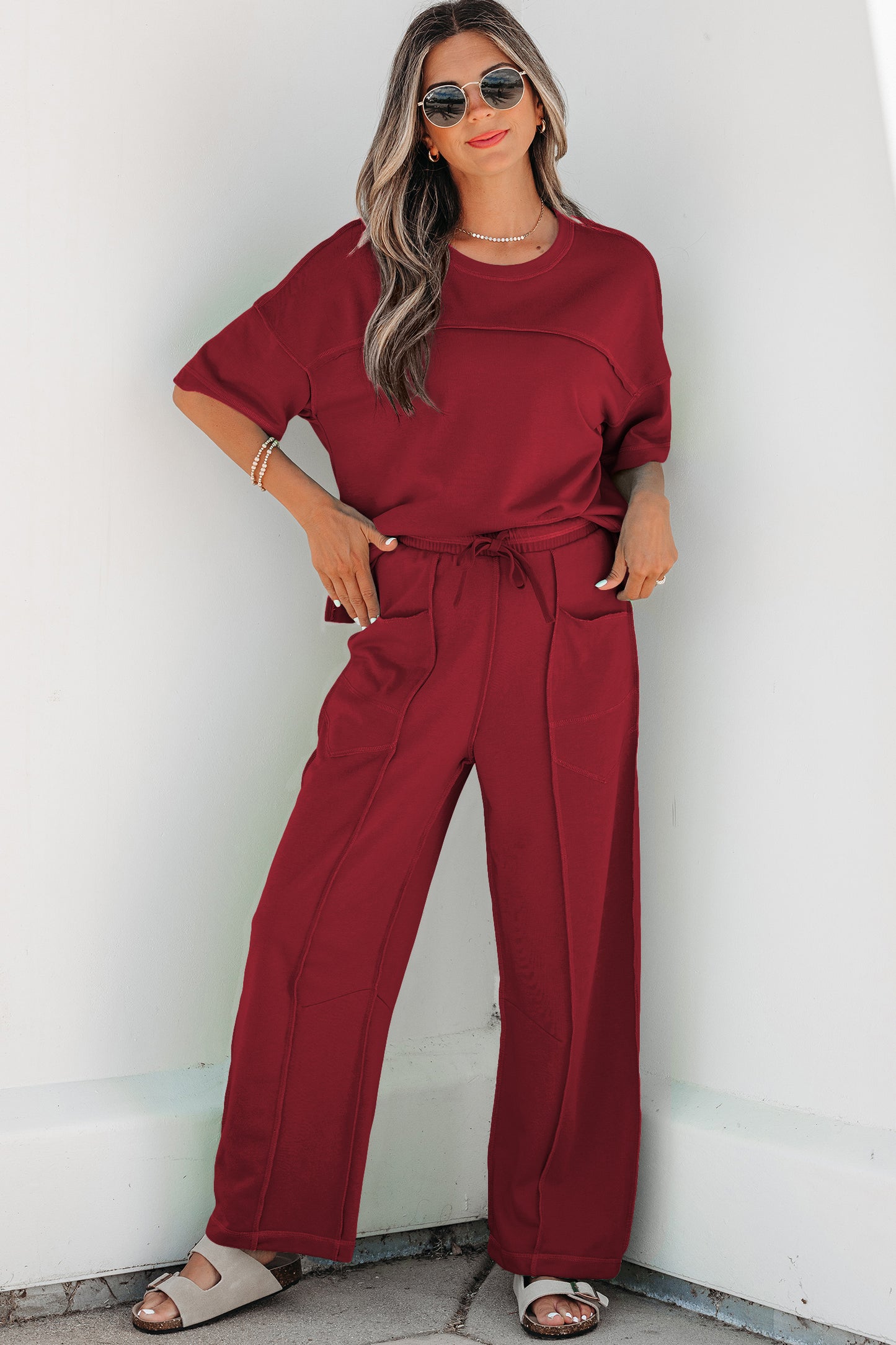 Racing Red Drop Shoulder Boxy Tee and Barrel Pants Set-Two Piece Sets/Pant Sets-[Adult]-[Female]-2022 Online Blue Zone Planet