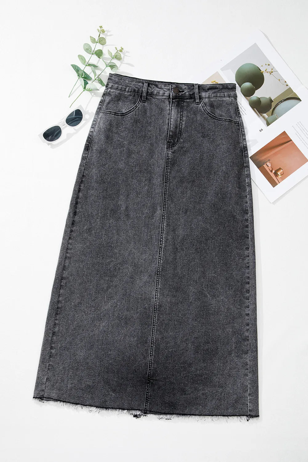 Raw Hem Midi Denim Skirt with Pockets-BOTTOMS SIZES SMALL MEDIUM LARGE-[Adult]-[Female]-2022 Online Blue Zone Planet