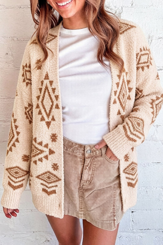 Oatmeal Fuzzy Aztec Print Open Knit Sweater Tunic Cardigan-Sweaters & Cardigans/Cardigans-[Adult]-[Female]-Oatmeal-S-2022 Online Blue Zone Planet