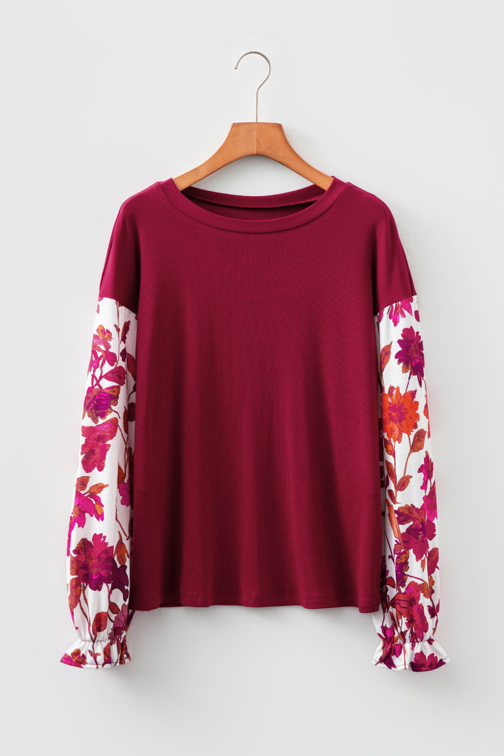 Wild Ginger Contrast Floral Sleeve Solid Ribbed Body Patchwork Long Sleeve Top-Tops/Long Sleeve Tops-[Adult]-[Female]-2022 Online Blue Zone Planet