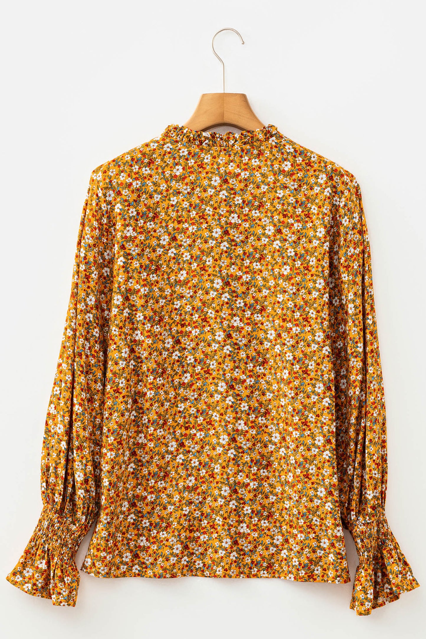 Orange Boho Floral Ruffled Bubble Sleeve V Neck Fall Blouse-Tops/Blouses & Shirts-[Adult]-[Female]-2022 Online Blue Zone Planet