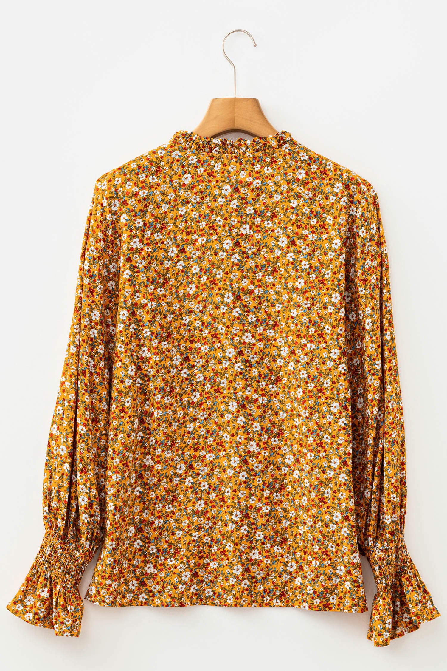 Orange Boho Floral Ruffled Bubble Sleeve V Neck Fall Blouse-Tops/Blouses & Shirts-[Adult]-[Female]-2022 Online Blue Zone Planet