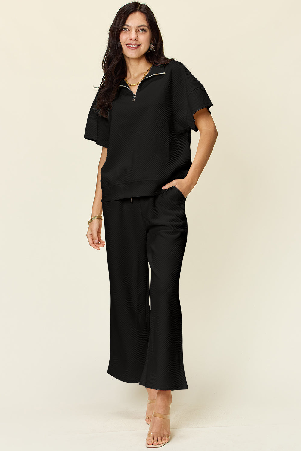 Double Take Full Size Texture Half Zip Short Sleeve Top and Pants Set-TOPS / DRESSES-[Adult]-[Female]-Black-S-2022 Online Blue Zone Planet