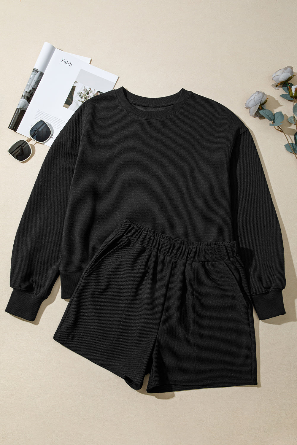 Black Ribbed Texture Baggy Drop Shoulder Pullover and Shorts Set-Two Piece Sets/Short Sets-[Adult]-[Female]-2022 Online Blue Zone Planet