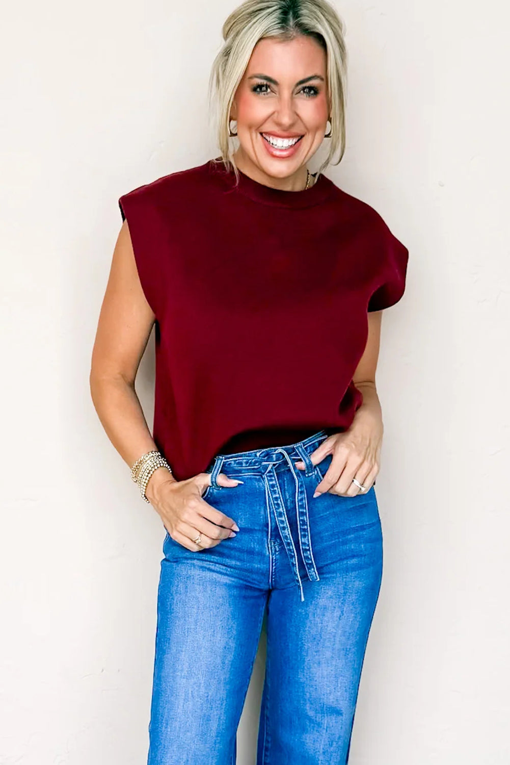 Racing Red Solid Color Crew Neck Knit Cap Sleeve Sweater-TOPS / DRESSES-[Adult]-[Female]-2022 Online Blue Zone Planet