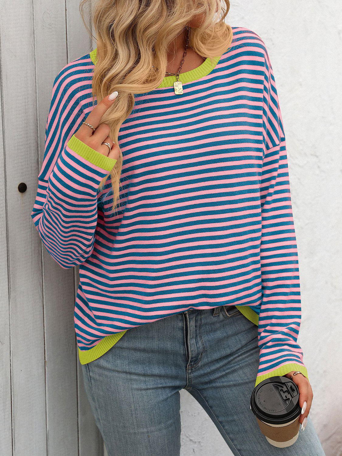 Blue Zone Planet | Mandy Striped Round Neck Long Sleeve Sweater-TOPS / DRESSES-[Adult]-[Female]-2022 Online Blue Zone Planet