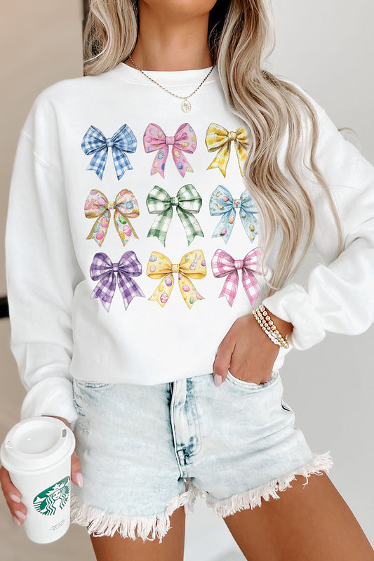 White Easter Eggs Plaid Bow Graphic Drop Shoulder Sweatshirt-Graphic/Graphic Sweatshirts-[Adult]-[Female]-White-S-2022 Online Blue Zone Planet
