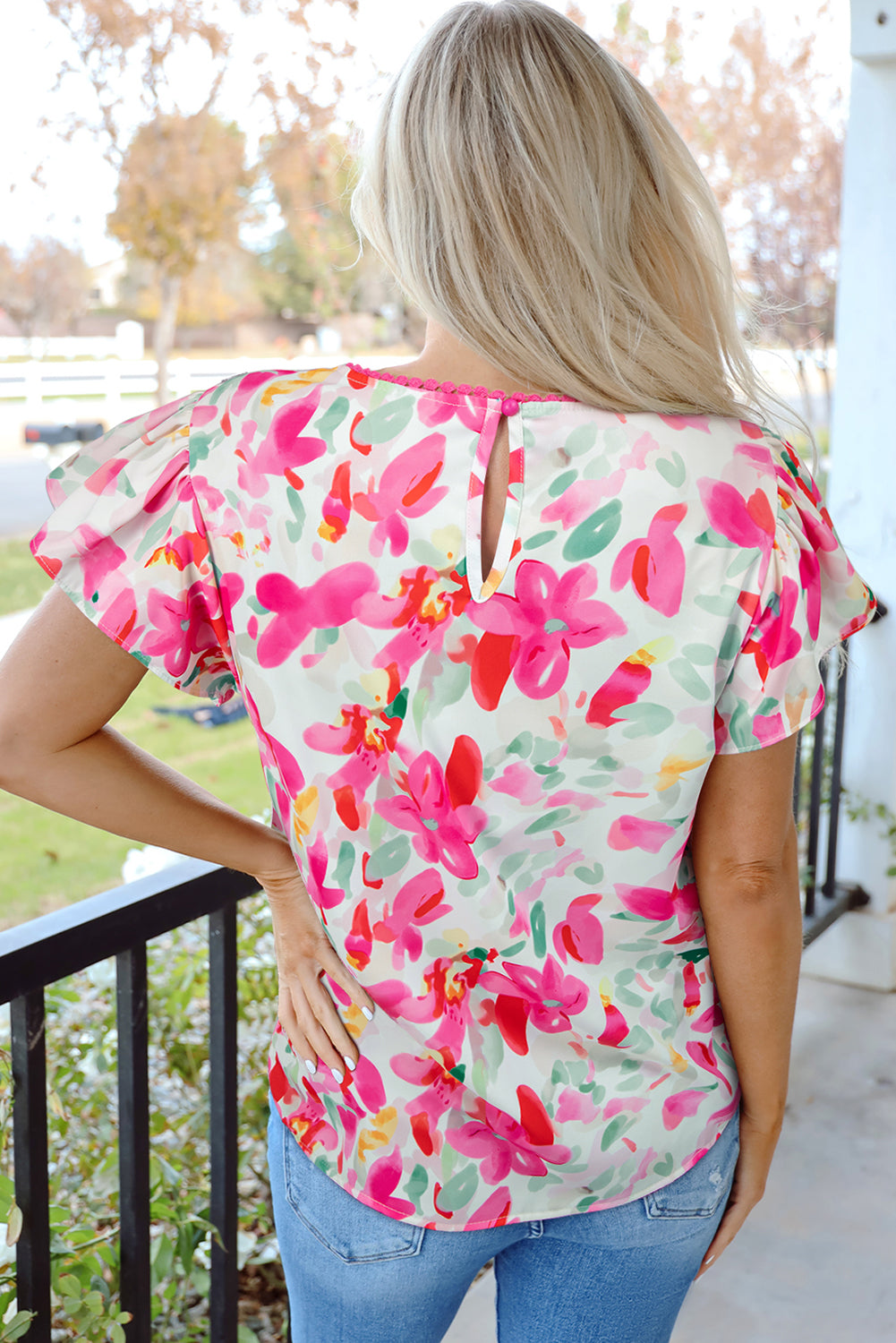 Rose Floral Print Flutter Sleeve Round Neck Casual Blouse-Tops/Blouses & Shirts-[Adult]-[Female]-2022 Online Blue Zone Planet