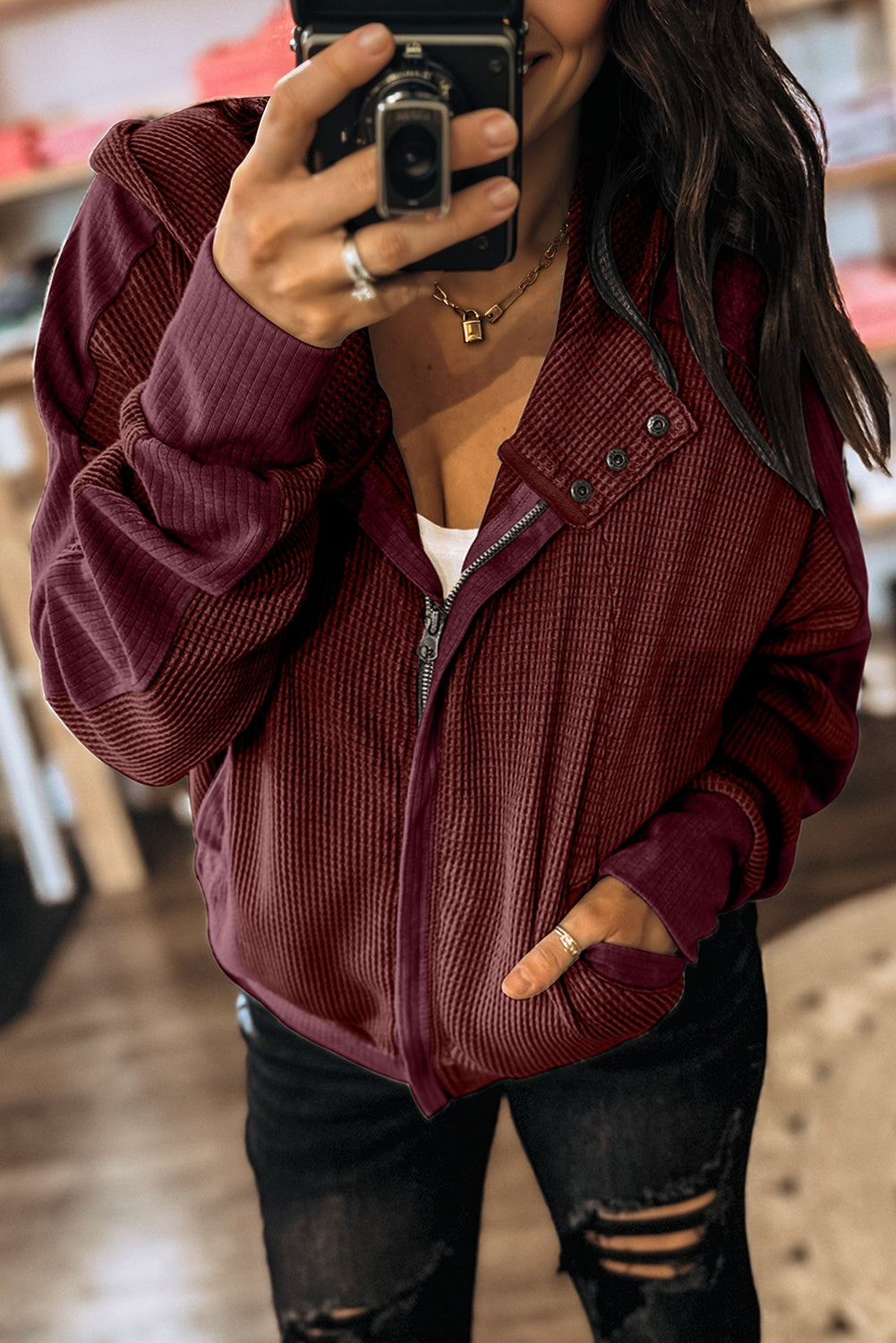 Burgundy Waffle Splicing Zip Up Front Button Hooded Jacket-Tops / Dresses-[Adult]-[Female]-Burgundy-S-2022 Online Blue Zone Planet
