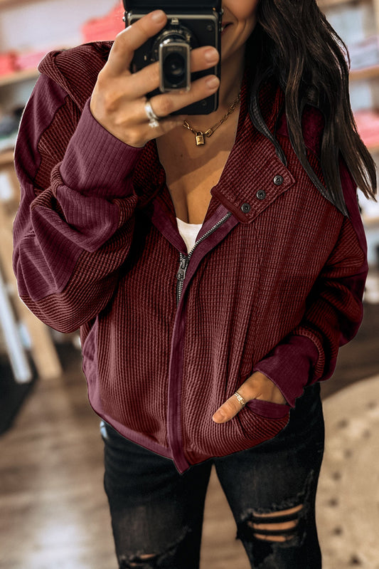 Burgundy Waffle Splicing Zip Up Front Button Hooded Jacket-Tops / Dresses-[Adult]-[Female]-Burgundy-S-2022 Online Blue Zone Planet