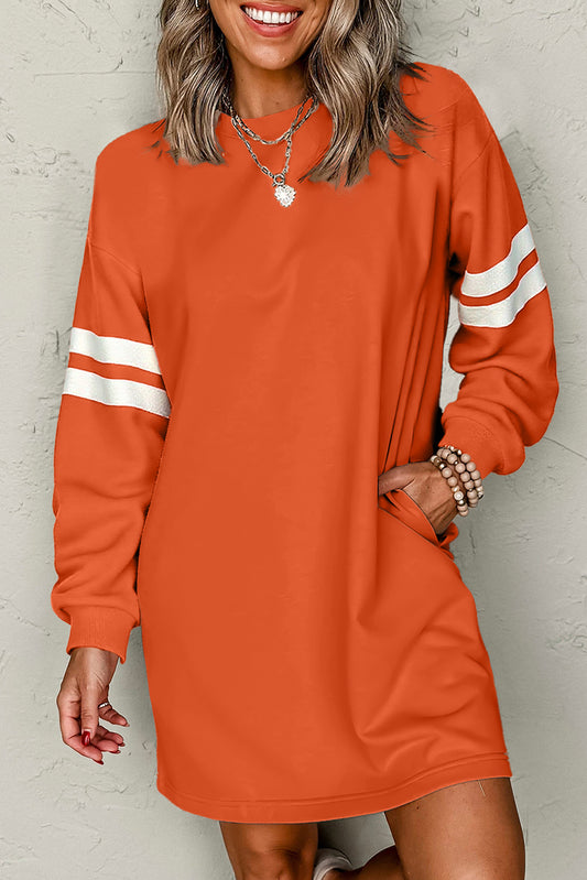 Orange Varsity Contrast Banded Sleeve Shift Sweatshirt Dress-TOPS / DRESSES-[Adult]-[Female]-Orange-S-2022 Online Blue Zone Planet