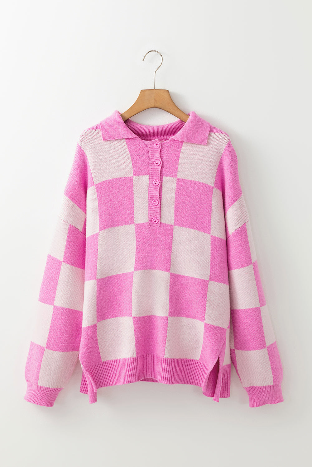 Slit Checkered Half Button Long Sleeve Sweater-TOPS / DRESSES-[Adult]-[Female]-2022 Online Blue Zone Planet