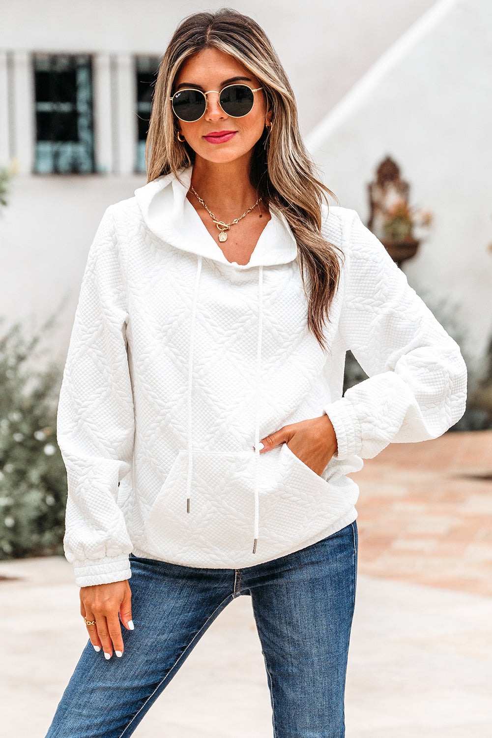 White Cable Lattice Texture Kangaroo Pocket Hoodie-Tops / Dresses-[Adult]-[Female]-2022 Online Blue Zone Planet