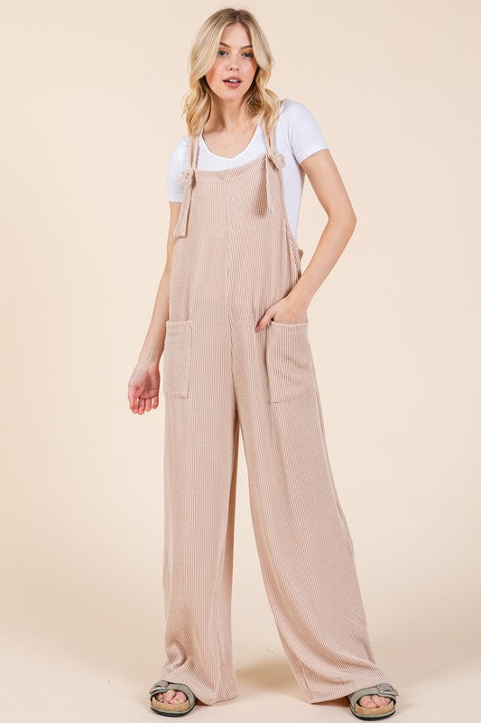 Blue Zone Planet | BOMBOM Knot Straps Wide Leg Ribbed Overalls with Pockets-TOPS / DRESSES-[Adult]-[Female]-Dust Storm-S-2022 Online Blue Zone Planet