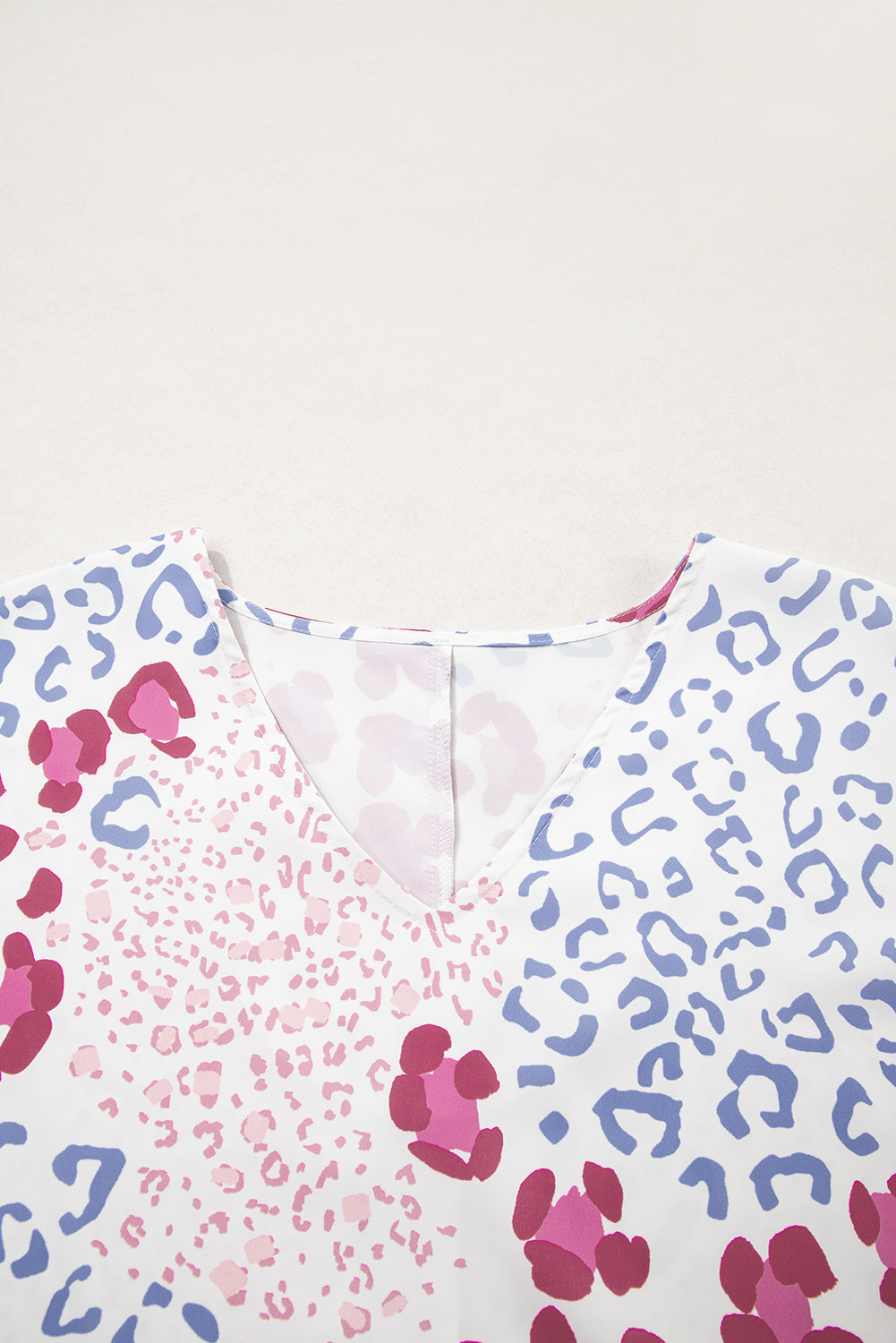 Pink Mixed Leopard Print V Neck Short Sleeve Blouse-Tops/Blouses & Shirts-[Adult]-[Female]-2022 Online Blue Zone Planet